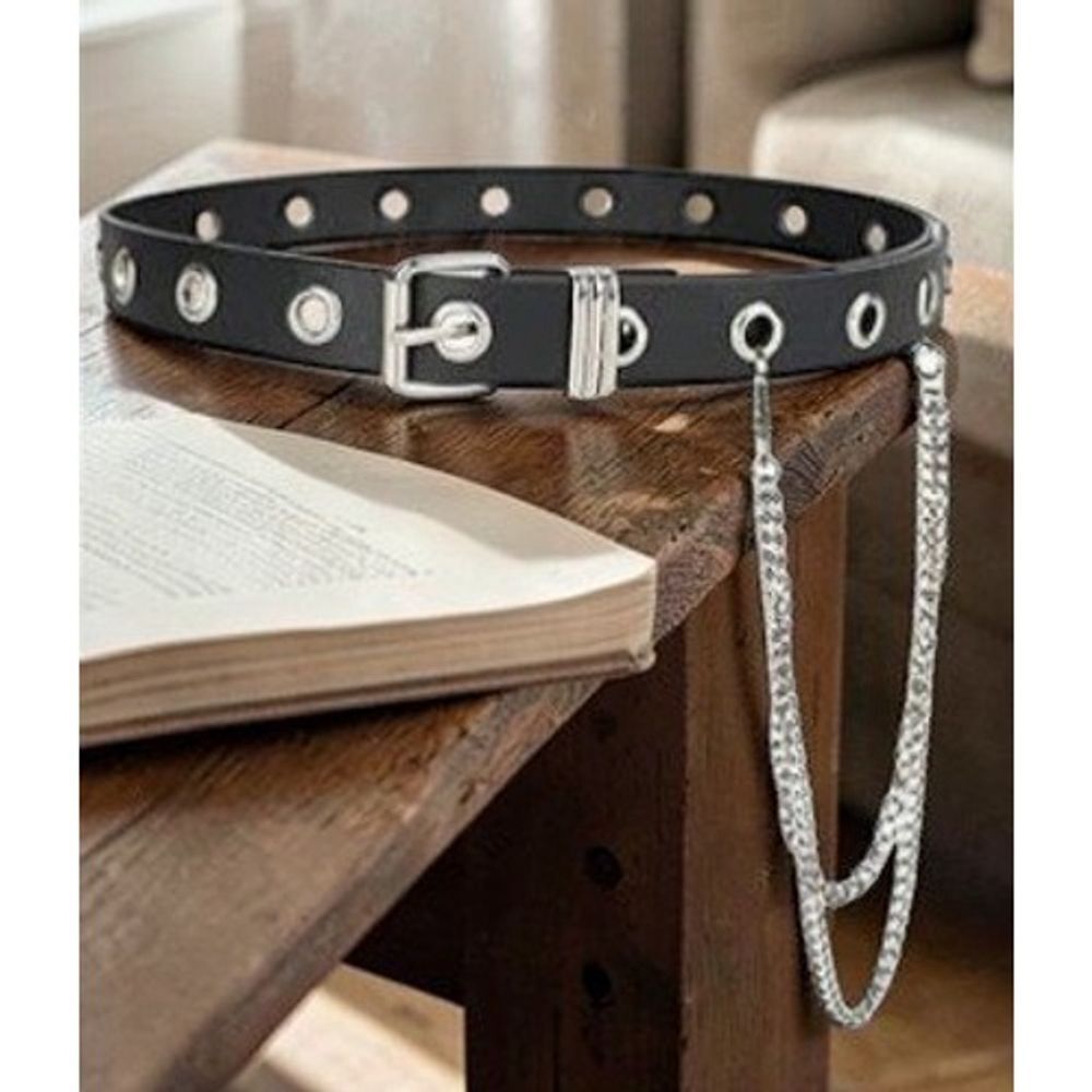 Grommet Leather Belt Detachable Chain Women Men Punk Rock Waist Belts for Pants